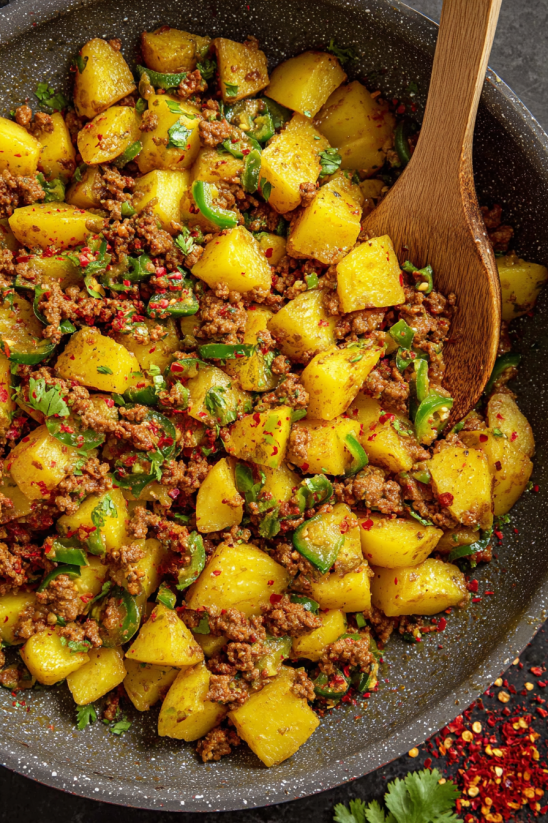 Eine Pfanne gefüllt mit Wurst und Kartoffeln.