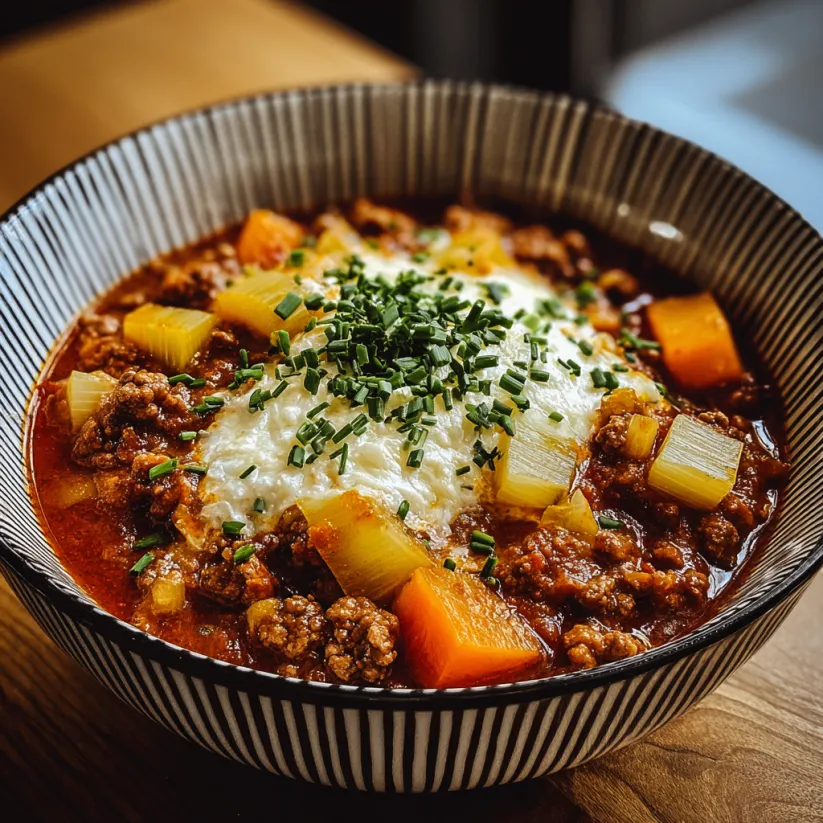 Eine Schale Suppe mit Fleisch und Gemüse.