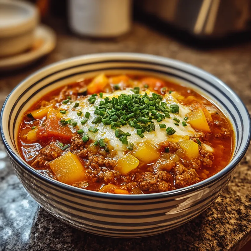 Eine Schale Suppe mit Fleisch und Gemüse.
