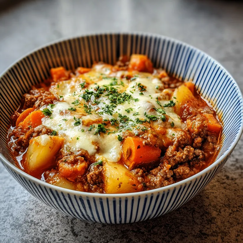 Eine Schüssel Suppe mit Gemüse und Fleisch.