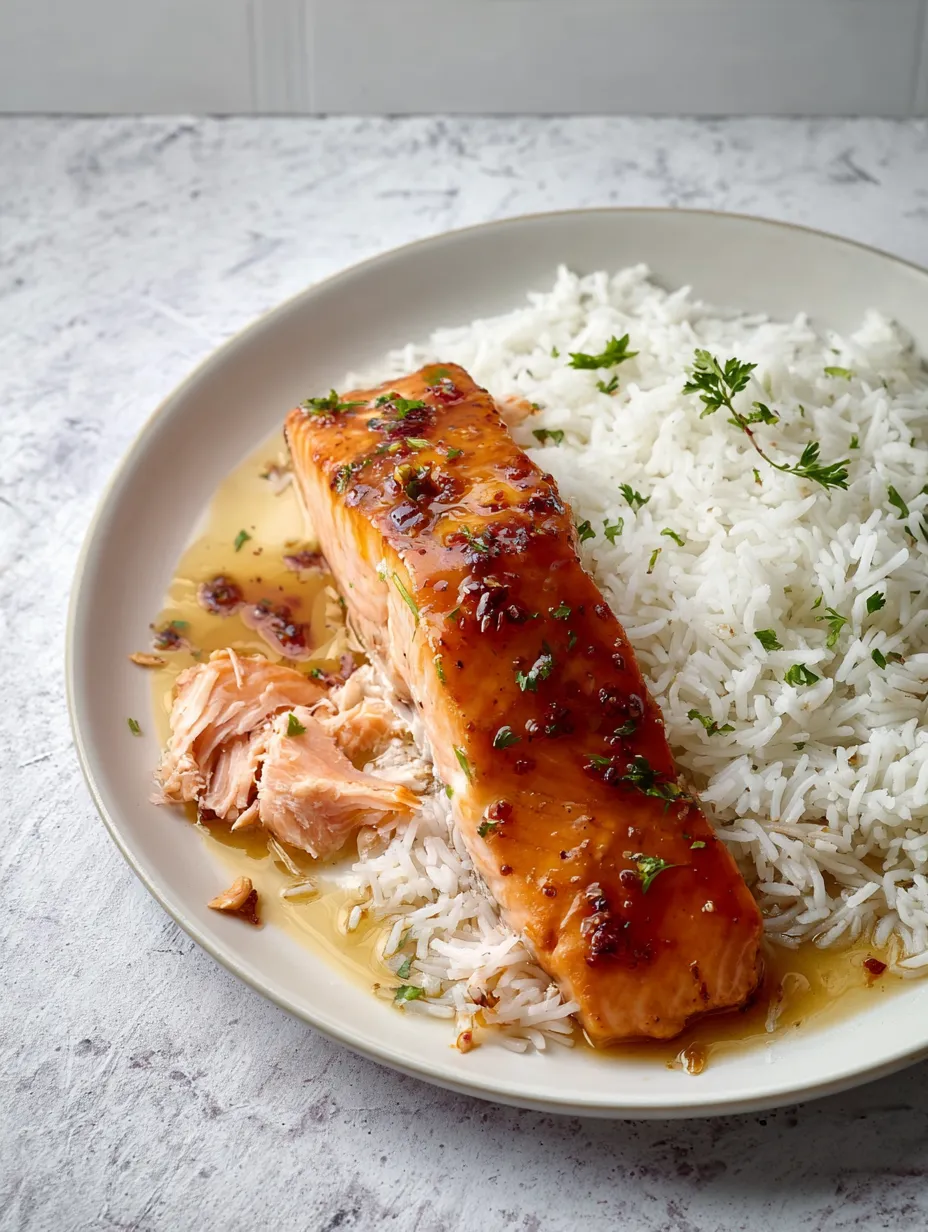 Ein Teller mit Lachsfilet und Reis.