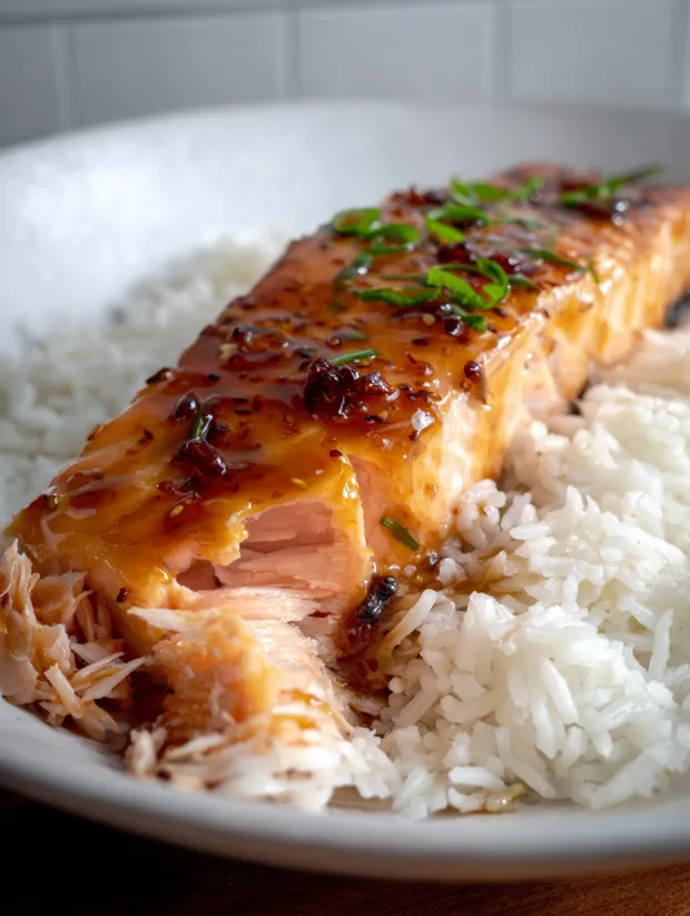 Ein Stück Lachs mit Glasur oben drauf.