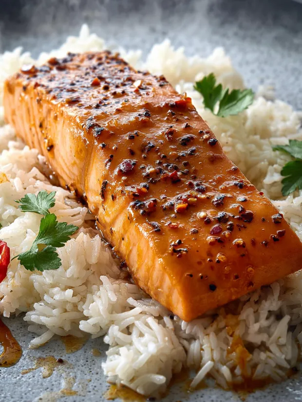 Ein Stück Lachs mit glänzender Chili-Honig-Schicht oben drauf.
