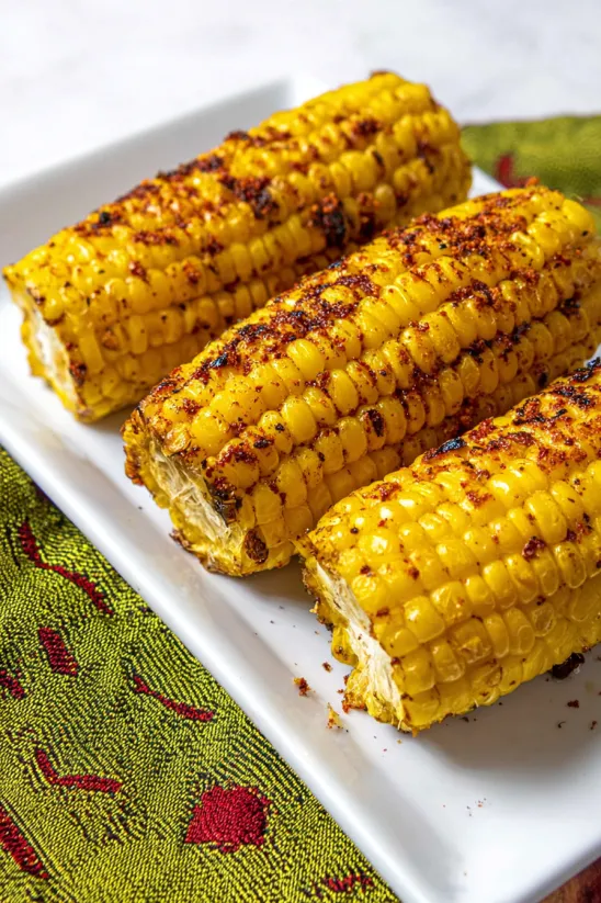 Ein Teller gegrillte Maiskolben mit Jerk-Würze.