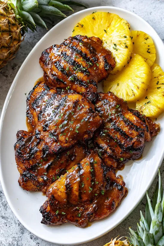 Ein Teller Huli Huli Chicken mit Ananas als Beilage.