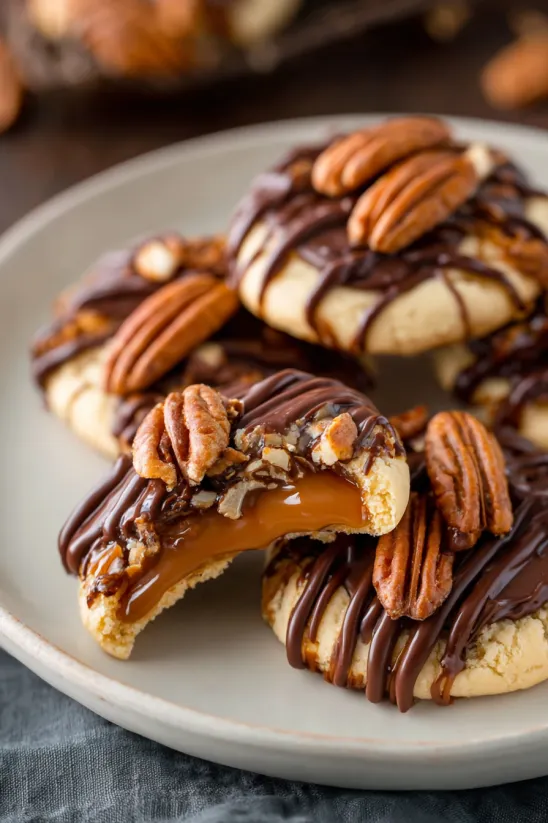 Ein Teller Schildkröten-Cookies mit Schokolade und Pekannüssen.
