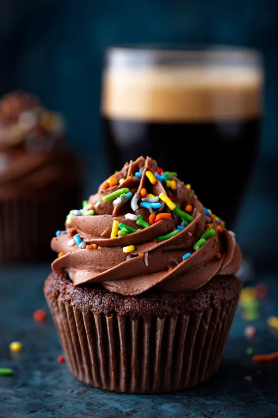 Ein Schoko-Cupcake mit bunten Streuseln obendrauf.