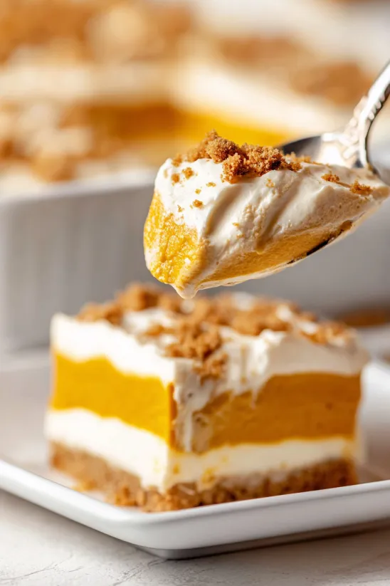Ein Stück Kürbis-Schichtkuchen.