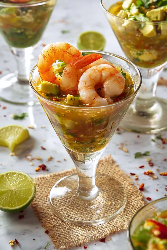 Ein Glas Garnelencocktail mit Limetten und Paprika.