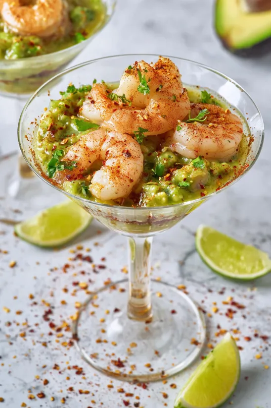 Ein Glas Garnelencocktail mit Limettenschnitz