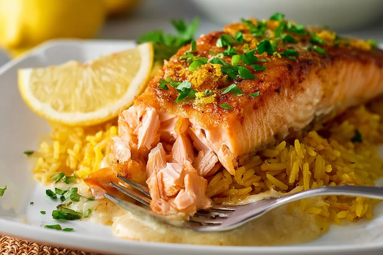 Ein Teller mit Lachs und Reis.