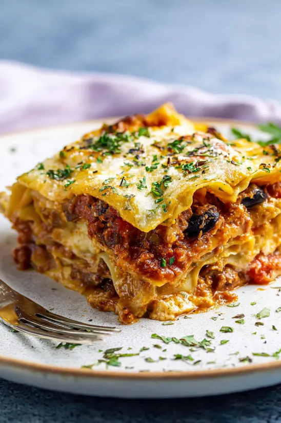 Ein Stück mexikanische Lasagne auf einem Teller.
