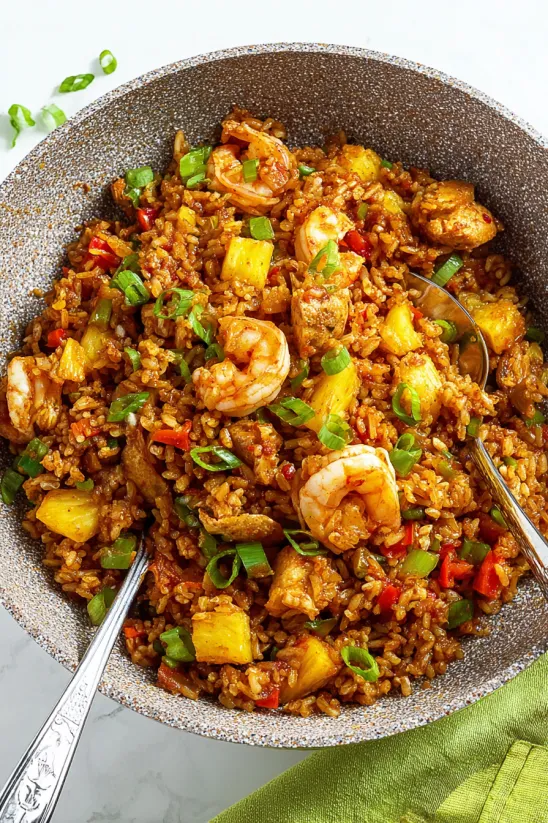 Eine Schale Reis mit Garnelen und Ananas.