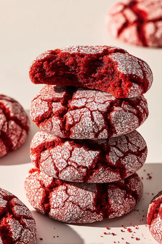 Mehrere Red Velvet Crinkle Cookies als Turm gestapelt.