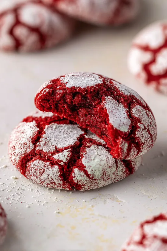 Ein Red Velvet Crinkle Keks mit weißem Frosting.