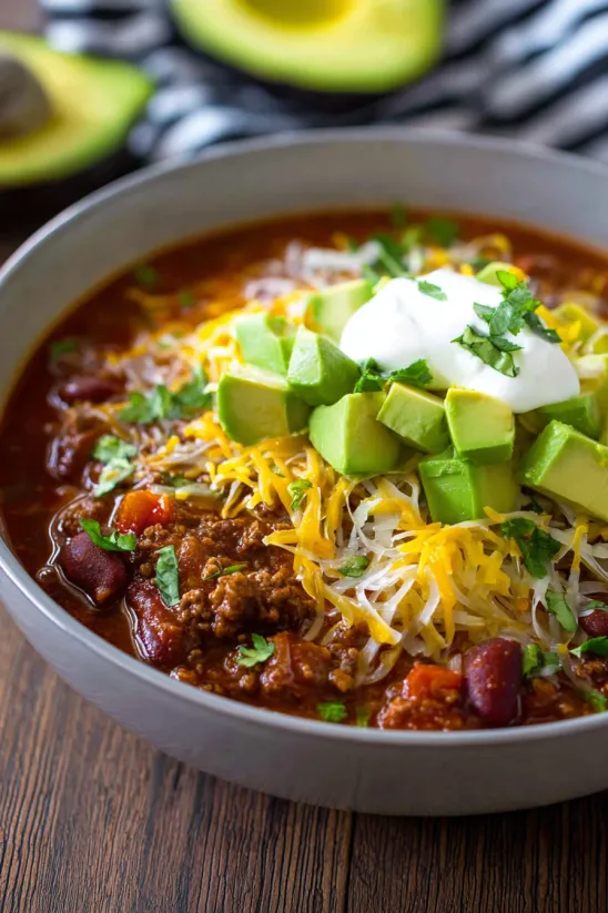 Ein Schälchen Chili mit Avocado und Schmand obenauf.