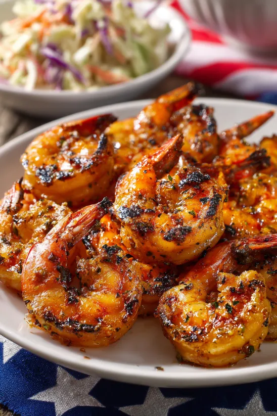 Ein Teller mit gegrillten Garnelen und Harissa-Marinade.