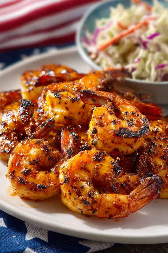 Riesige gegrillte Garnelen mit Harissa-Marinade.