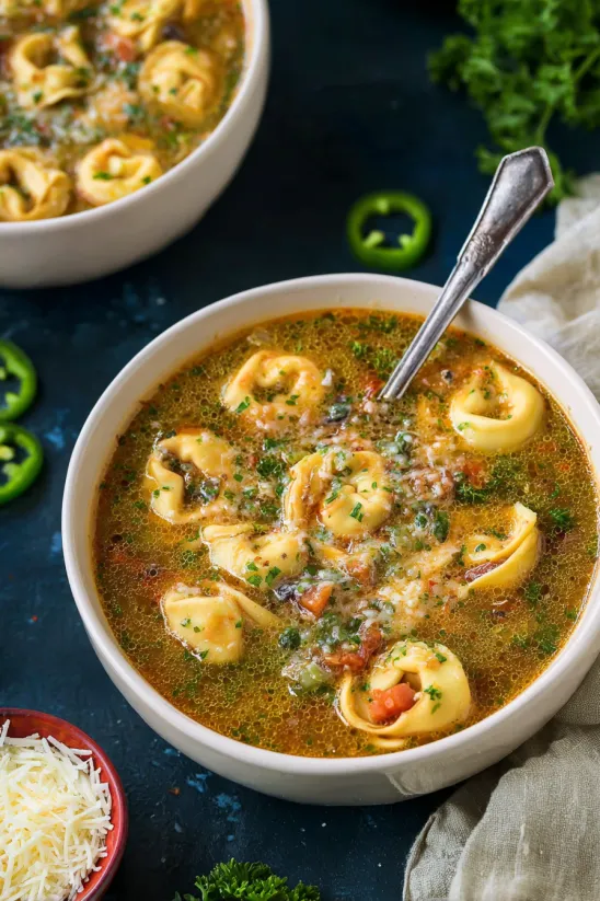 Eine Schüssel Suppe mit Löffel.