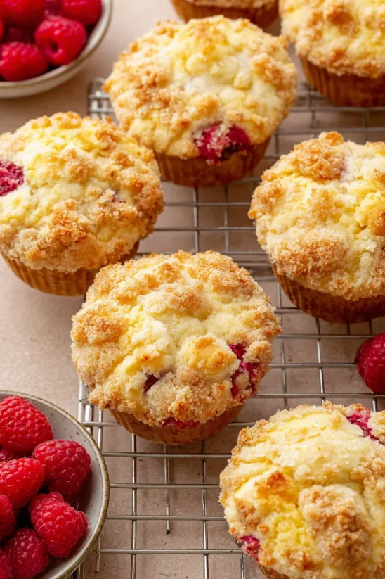 Ein Blech voll Himbeer-Muffins.