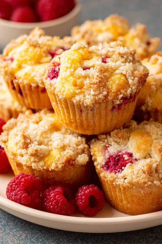Ein Teller voller Himbeer-Muffins.