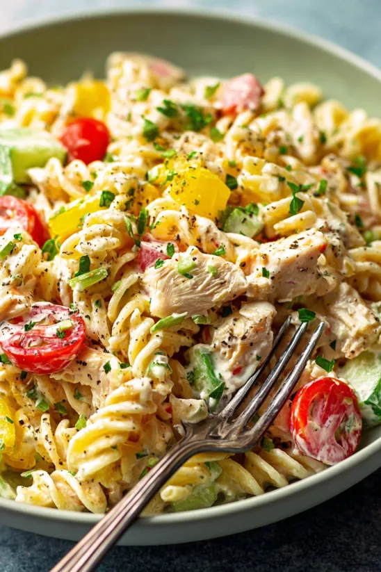 Ein Teller Nudelsalat mit Hähnchen und Tomaten.