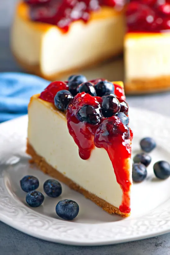 Ein Stück Käsekuchen mit Blaubeeren on top.