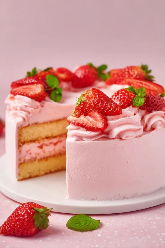 Ein Stück lockerer Erdbeerkuchen.