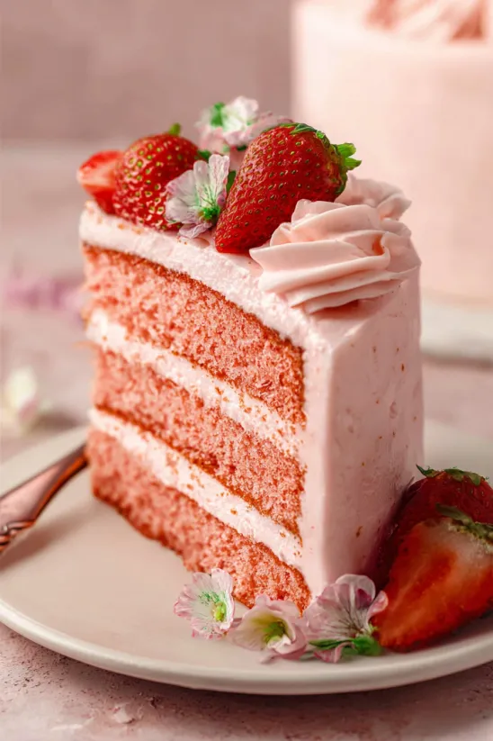Ein Stück lockerer Erdbeerkuchen.