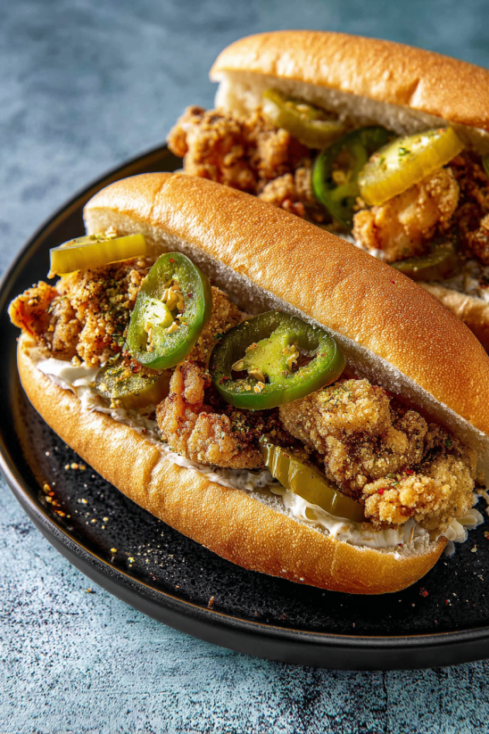 Ein Sandwich mit gebratenen Austern und Jalapeños.