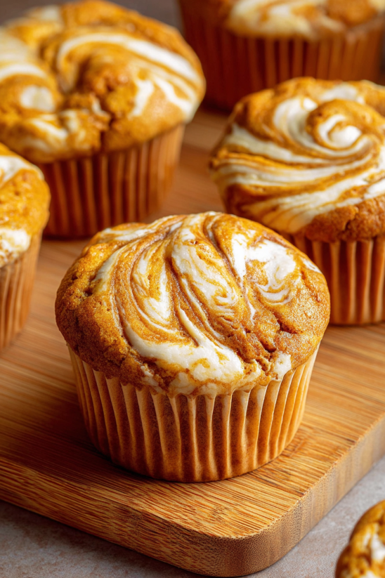 Ein Muffin mit Frischkäse und Kürbis oben drauf.