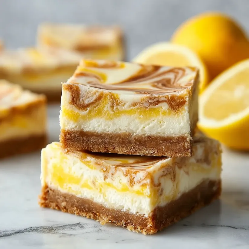 Ein Stapel mit drei Zitronen-Marmor-Käsekuchen-Schnitten.