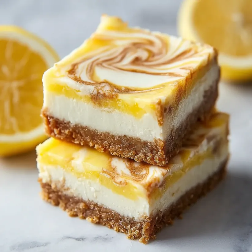 Ein Stapel Zitronen-Marmor-Käsekuchen-Schnitten.