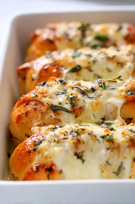 Käsige Knoblauch-Hawaiian-Brötchen in einer weißen Schale.
