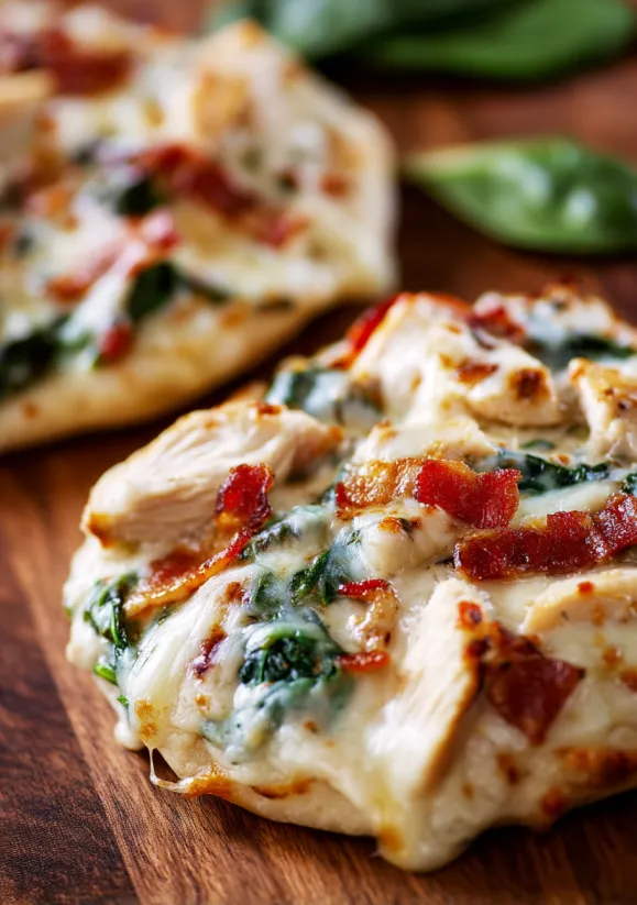 Zwei Stück toskanische Knoblauch-Hähnchen-Pita-Pizza.