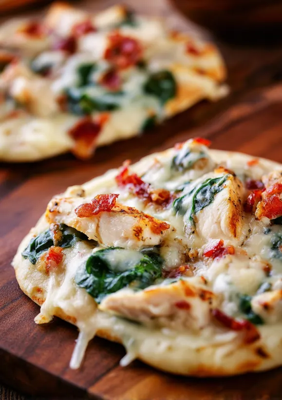 Zwei toskanische Knoblauch-Hähnchen-Pita-Pizzen auf einem Holztisch.