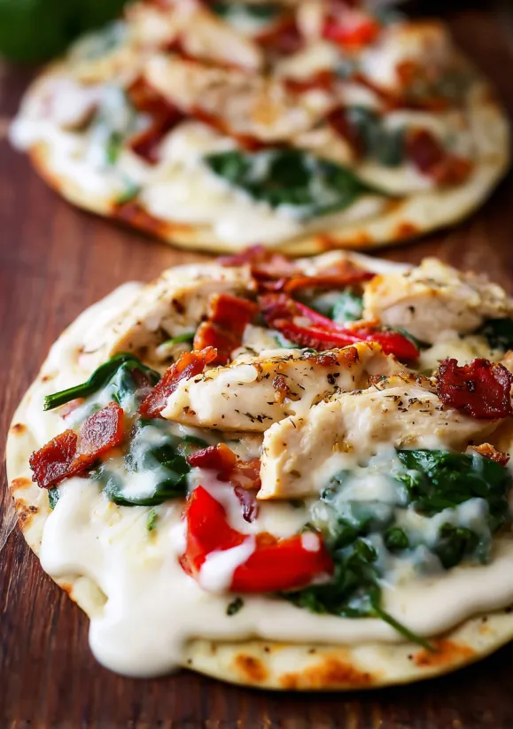 Zwei Pitas mit Huhn und Gemüse auf einem Holztisch.