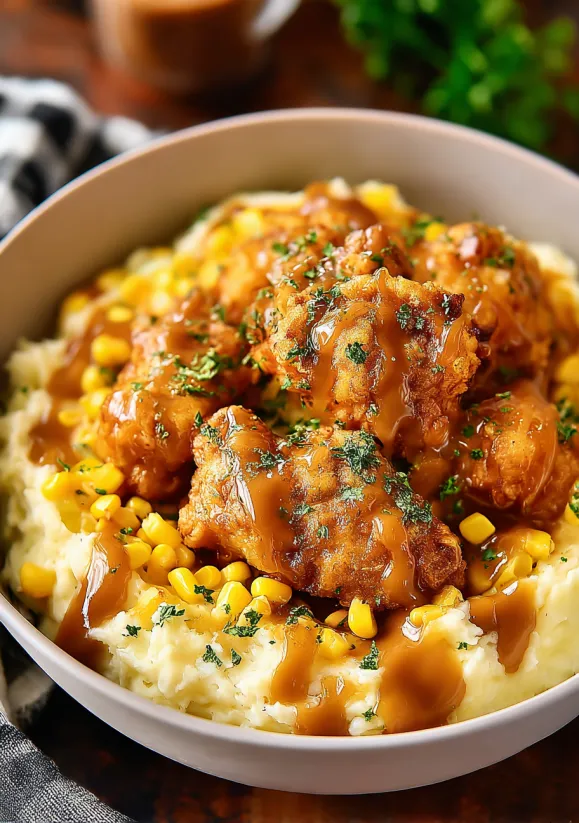Eine Schale mit Hähnchen und Kartoffelpüree.