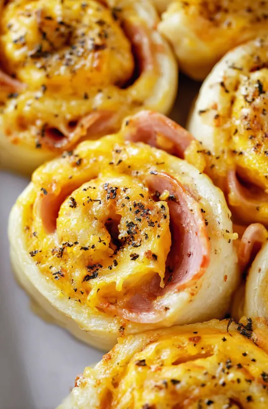 Überbackene Schinken-Käse-Röllchen.