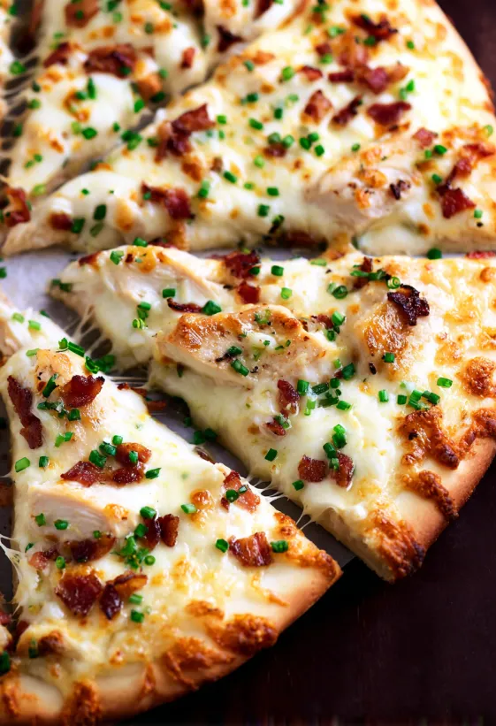 Ein Stück Hähnchen Alfredo Pizza.