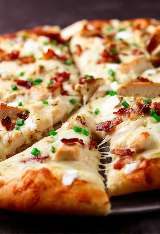 Ein Stück Hähnchen Alfredo Pizza.
