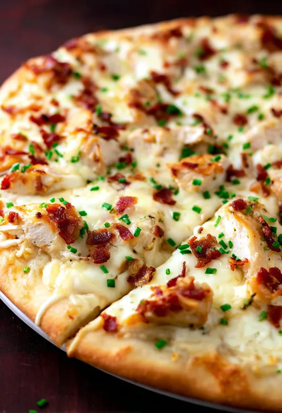 Ein Stück Chicken-Alfredo-Pizza.