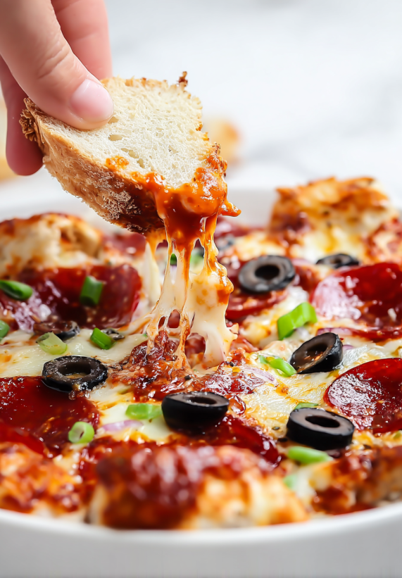 Ein Stück Pizza wird in eine Schale mit Soße gedippt.