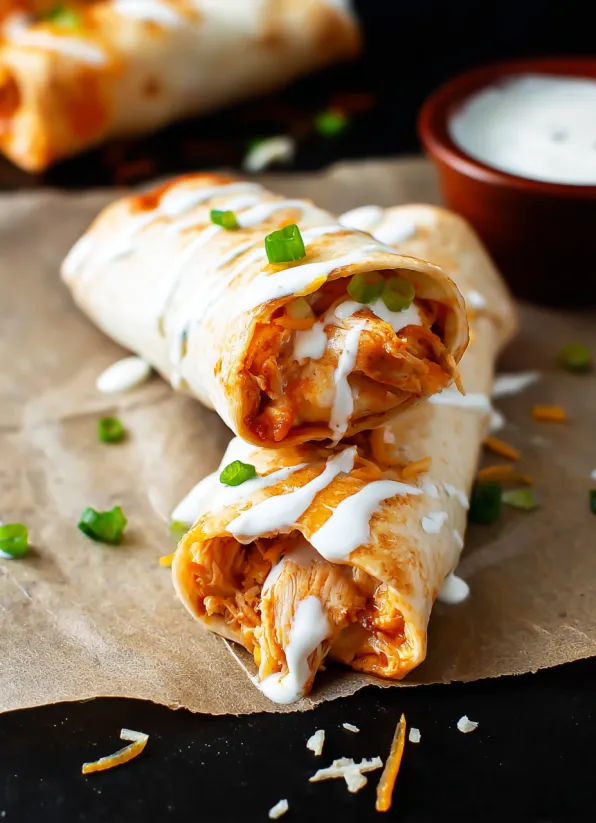Nahaufnahme von einem ofenfrischen Buffalo Chicken Taquito.