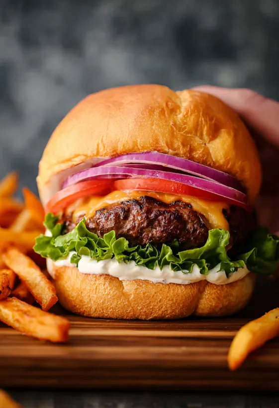 Ein Cheeseburger mit Salat, Tomate und Zwiebel.