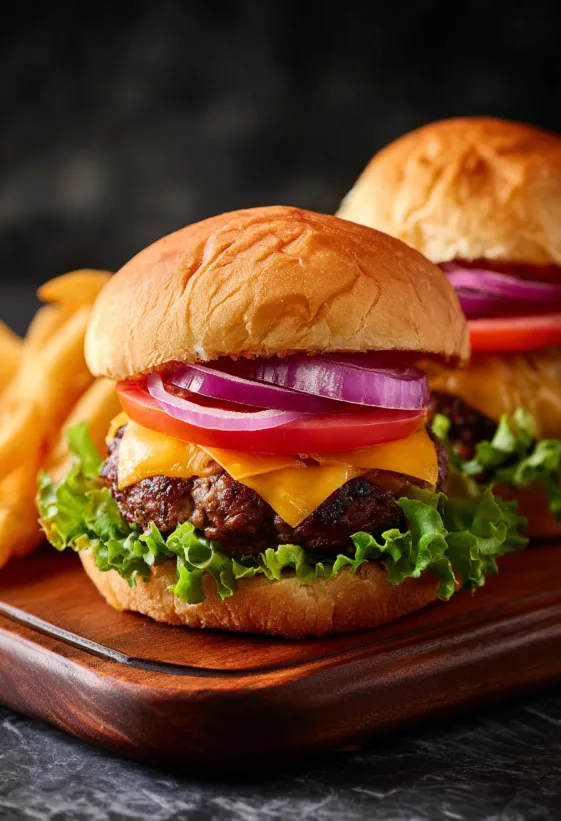 Zwei Cheeseburger mit Tomaten und Zwiebeln.