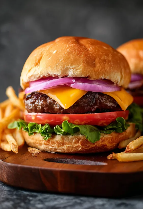 Ein Cheeseburger mit Tomate, Zwiebel und Salat.