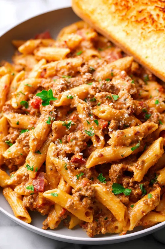 Ein Teller sahnige Rotel-Pasta.