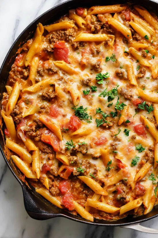Eine Pfanne mit sahnigen Rotel-Nudeln.