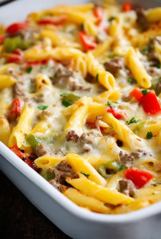 Ein Teller Pasta mit Fleisch und Käse.